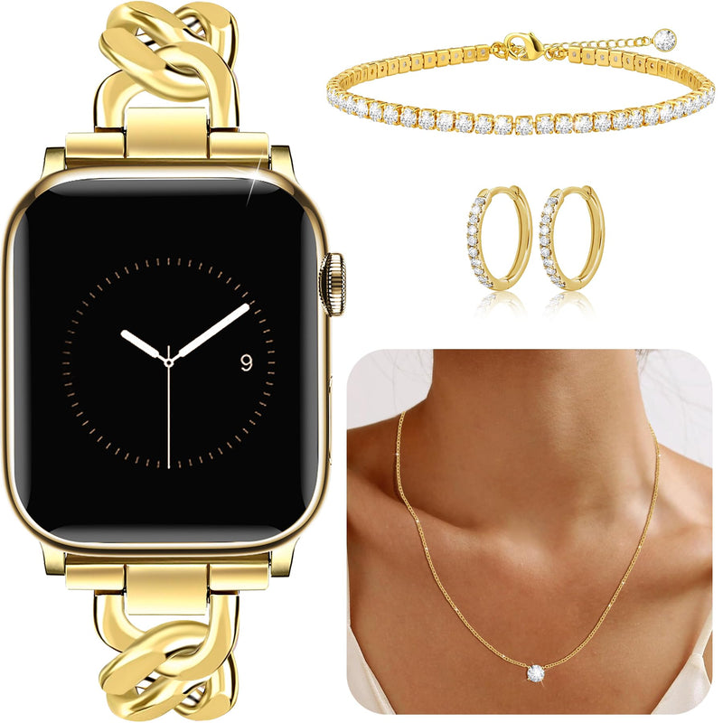 MOINSPIRE 18K Gold Bracelets Set for Women and Slim Band and 3Pcs Diamond Jewelry Set Bundle Compatible with Apple Watch 38mm 40mm 41mm 42mm 44mm 46mm 45mm 49mm for iWatch Series 11/10/9/8/7/6/5/4/3/