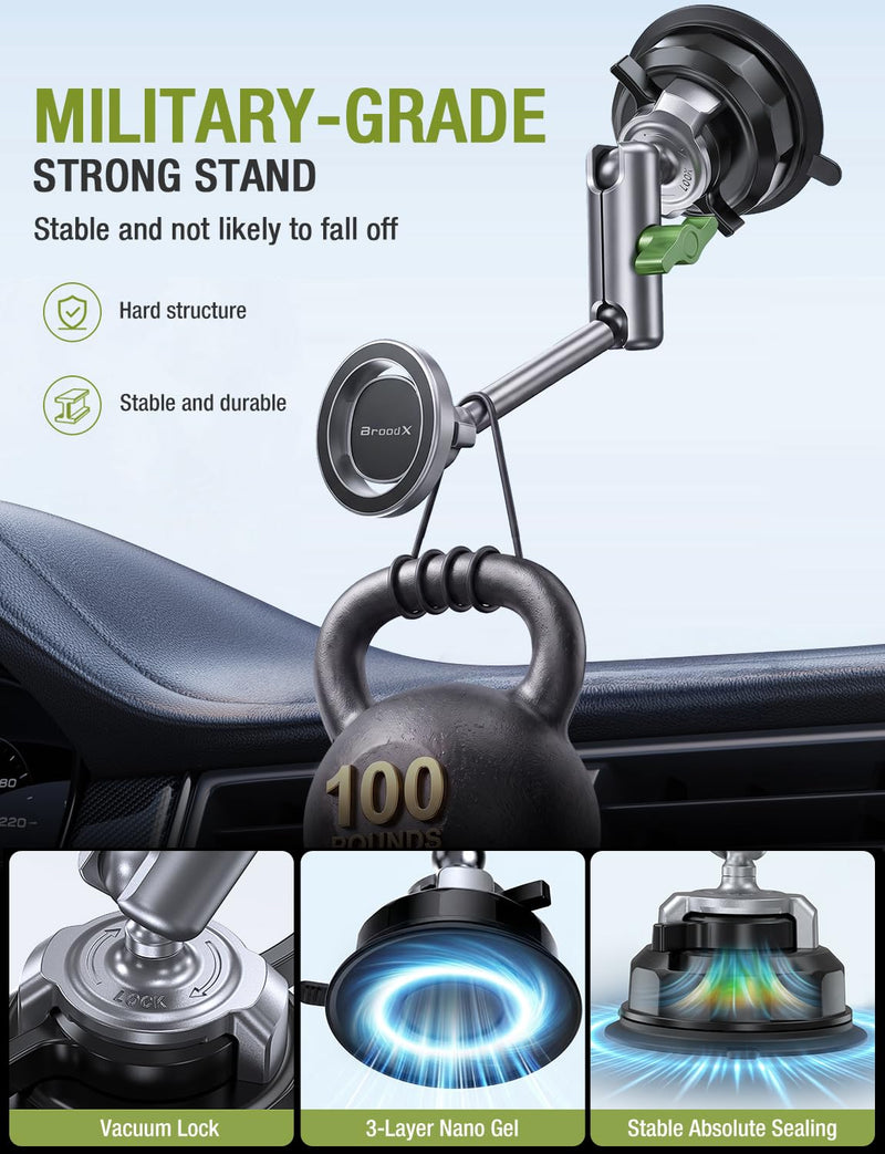 Broodx Magnetic Car Phone Holder, Windshield/Dash Metal Suction Cup Mount | Solid Metal Frame, 360° Rotatable, Strong Suction & Magnetic Force, Easy Installation