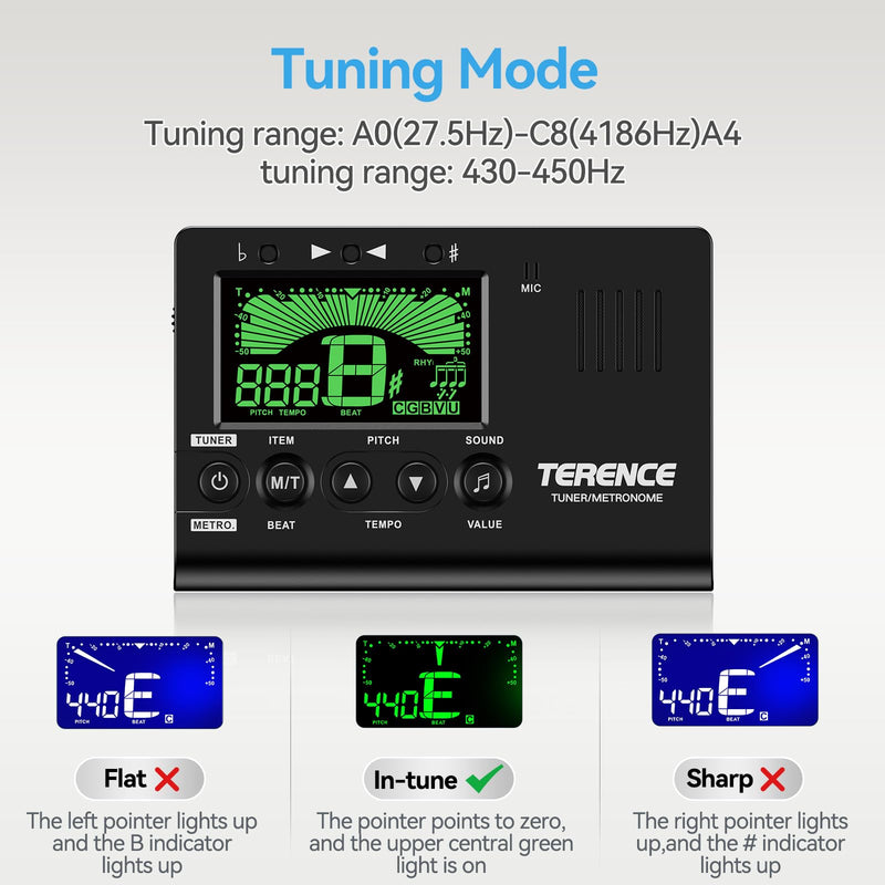 TERENCE Metronome Tuner, 3 in 1 Digital Metronome Tuner Tone Generator for Guitar, Bass, Ukulele, Chromatic, Clarinet, Trumpet and All Musical Instruments, with LCD Color Display, Volume Adjustable