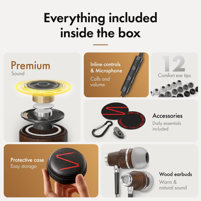 Symphonized Premium Wooden 3.5mm Jack Wired Earbuds with Microphone & Volume Control, Plug in Ear Headphones Wired Earphones with Mic, Corded Ear Buds Wire for Computer, Laptop & Phone with Aux Cord Aux 3.5mm Black