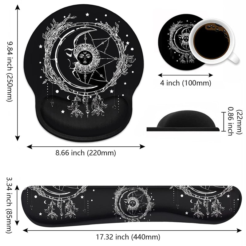 Keyboard Wrist Rest and Mouse Pad Wrist Support Set, Non-Slip PU Base, Easy Typing and Relieve Wrist Pain, Perfect for Home Office Working Studying, Celestial Theme Sun with Crescent Moon