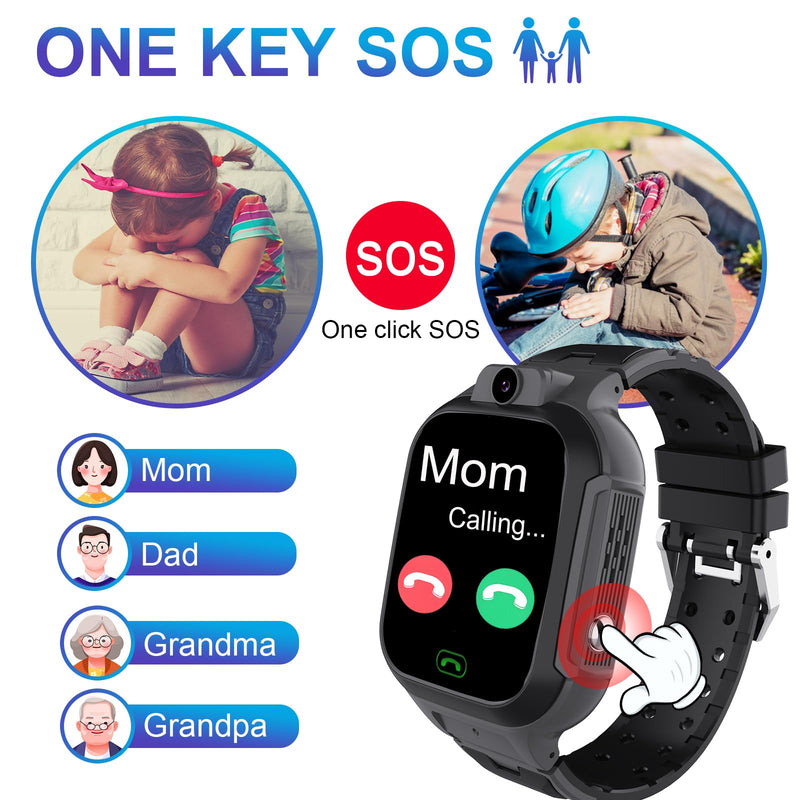 4G Kids Smart Watch GPS Tracker - Smartwatch with Two Way Call Video Calling Voice Chat SOS Class Mode Stopwatch Pedometer Games Wi-Fi Touch Screen Alarm Clock Smartwatches for Boys Girl (Black) Black