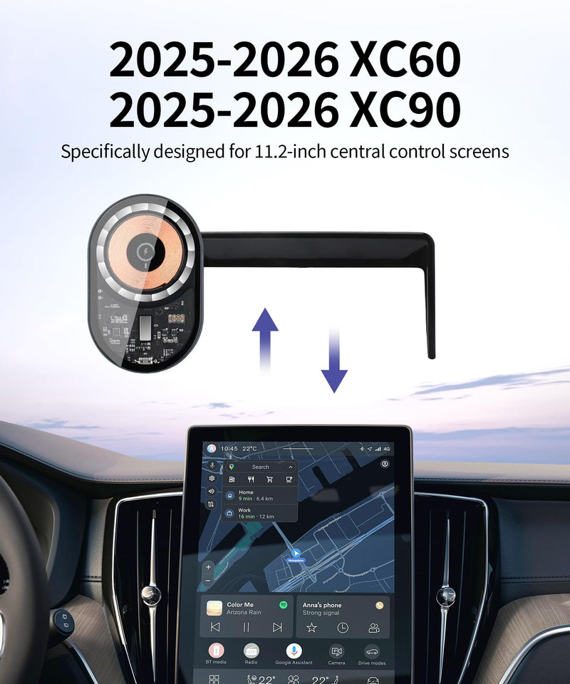 15W Fast Wireless Charger Car Phone Holder for Volvo XC60/XC90 2025-2026 | 11.2"Screen Magsafe Accessories Charging Magnetic Cell Phone Holder Clip Compatible with iPhone Android, 3D Fit Vehicle Stand