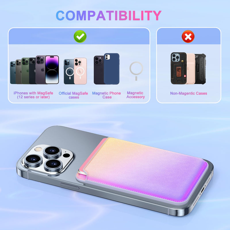 Magnetic Cell Phone Card Holder, Latest Rainbow Mag-Safe Card Wallet, RFID Blocking Phone Wallet for Women, Cell Phone Card Sleeves for Back of iPhone 15/14/13/12, Rainbow Purple