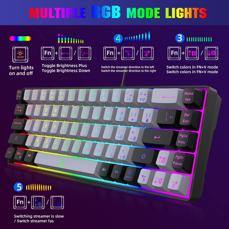 Snpurdiri 60% Gaming Keyboard,RGB Compact Mini Keyboard,Wired Computer Membrane Keyboard for Windows PC Gamers(68 Keys,Grey -Black) Grey Black