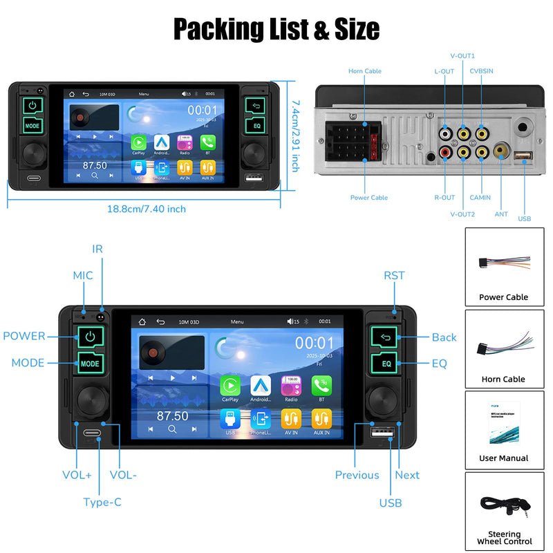 Single Din Car Stereo with Wireless Apple Carplay Android Auto, 5.1" InCell Touchscreen Car Radio with Bluetooth 5.2 Handsfree Mirror Link 1 Din Head Unit with FM/Type-C/USB/EQ/Microphone 5.1-In Incell Screen