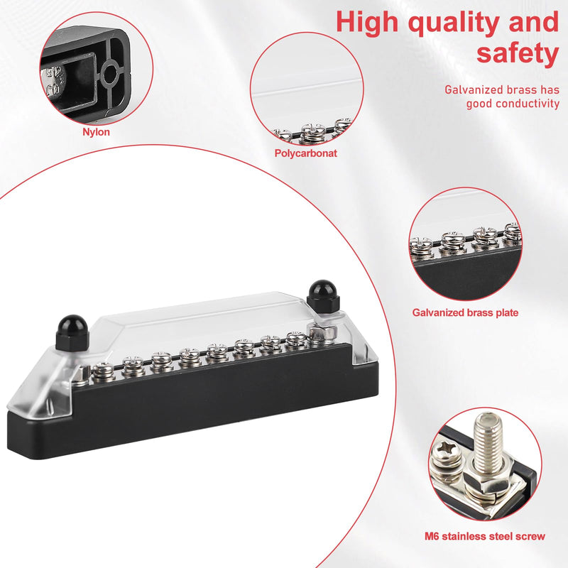 Busbar Distribution Block 12V-48V DC, Pack of 2 150A BusBar Distribution Block with 6 x M8 Terminal Bolts and 2 x M6 Terminal Bolts, 150A BusBar Box for Boat, Truck, Bus