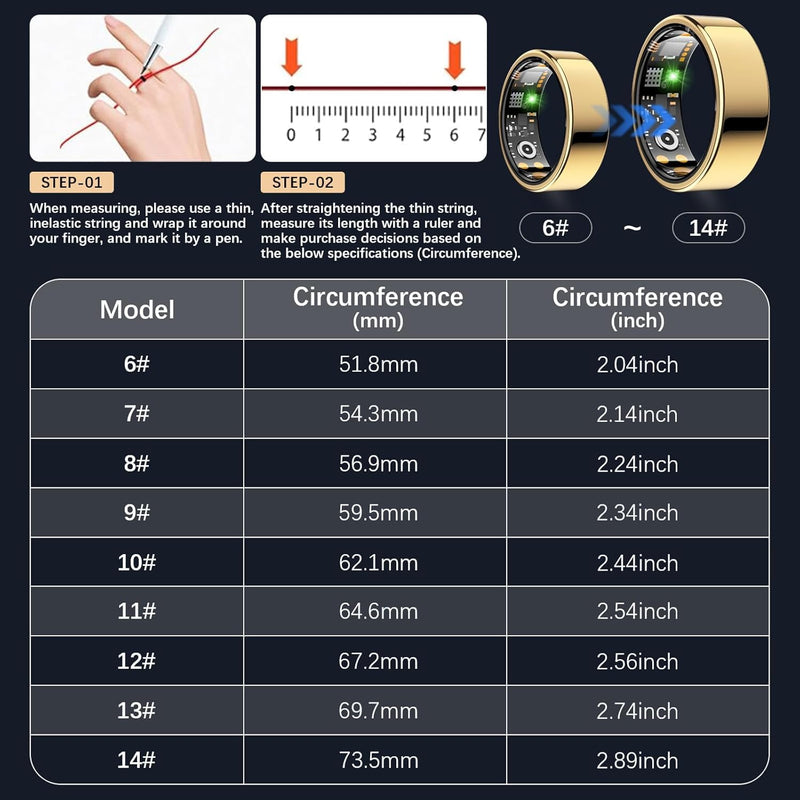 Smart Ring for Women Men, Fitness Ring with Heart Rate, Blood Oxygen,Stress, Sleep Tracker, Step Tracker, Fit Ring No Subscription Fee, IP68 Waterproof Smart Ring for iPhone & Android (Gold, 8#) Gold 8#