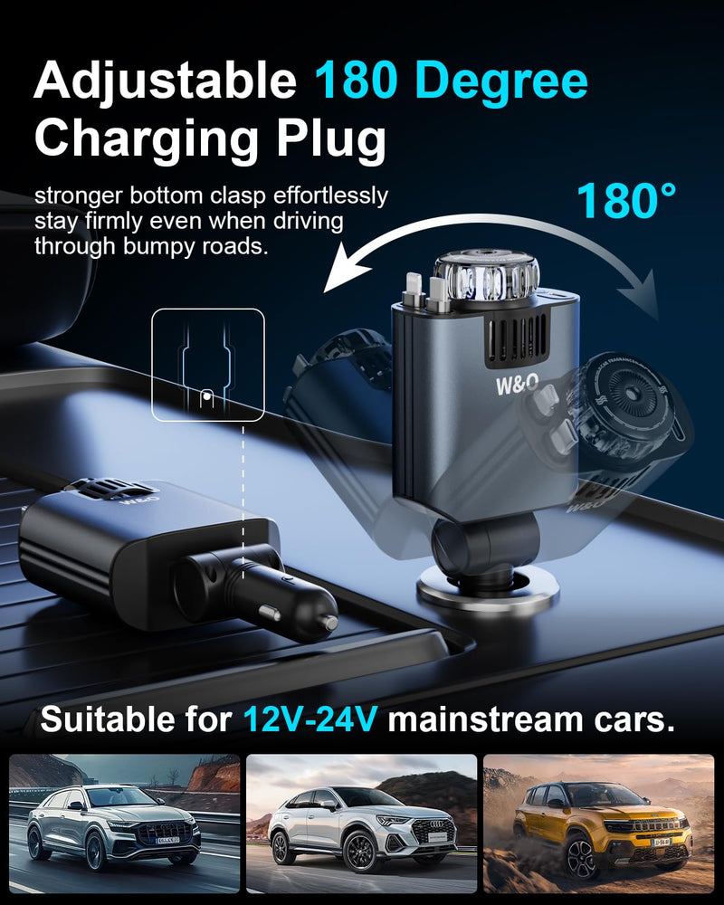 W & O Car Charger Fast Charging for iPhone，Retractable car charger with Aromatherapy and Starlight,69W 5 in 1 Fast Charging Car Charger,Car Charger Adapter for iPhone 17/16/15 Pro Max, Galaxy S25(Red) Red Light