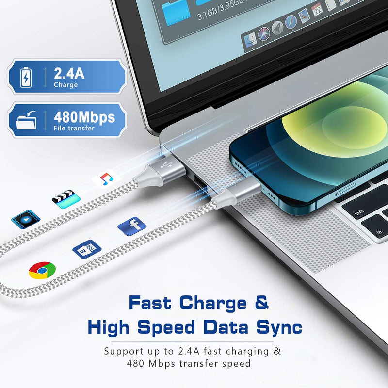 [AUSTRALIA] - [Apple MFi Certified] Short iPhone Charger 1ft 2Pack,USB A to Lightning Cord Nylon Braided 12 Inch Fast Charging iPhone Cable Compatible with iPhone 14 13 12 11 Pro/Max/Mini Xs SE2/iPad for Car 2Pack-1FT silver 