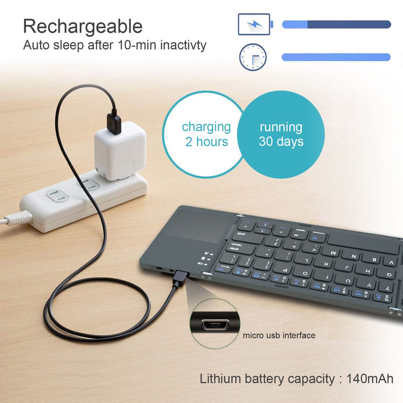 Foldable Bluetooth Keyboard, Rock&Rown Pocket Size Portable Wireless Keyboard with Touchpad for Mac OS,Android, Windows, Linux, PC, Tablet, with Rechargeable Li-ion Battery-Dark Gray