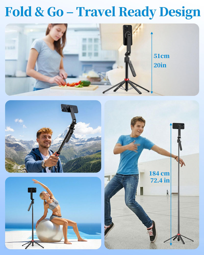 PlusAcc Auto Face Tracking Tripod for iPhone with Rechargeable Remote, 72" | Selfie Stick Mount for MagSafe, 360°Rotation Extendable Travel Stand, Compatible with iPhone, Camera, Video Recording 72"