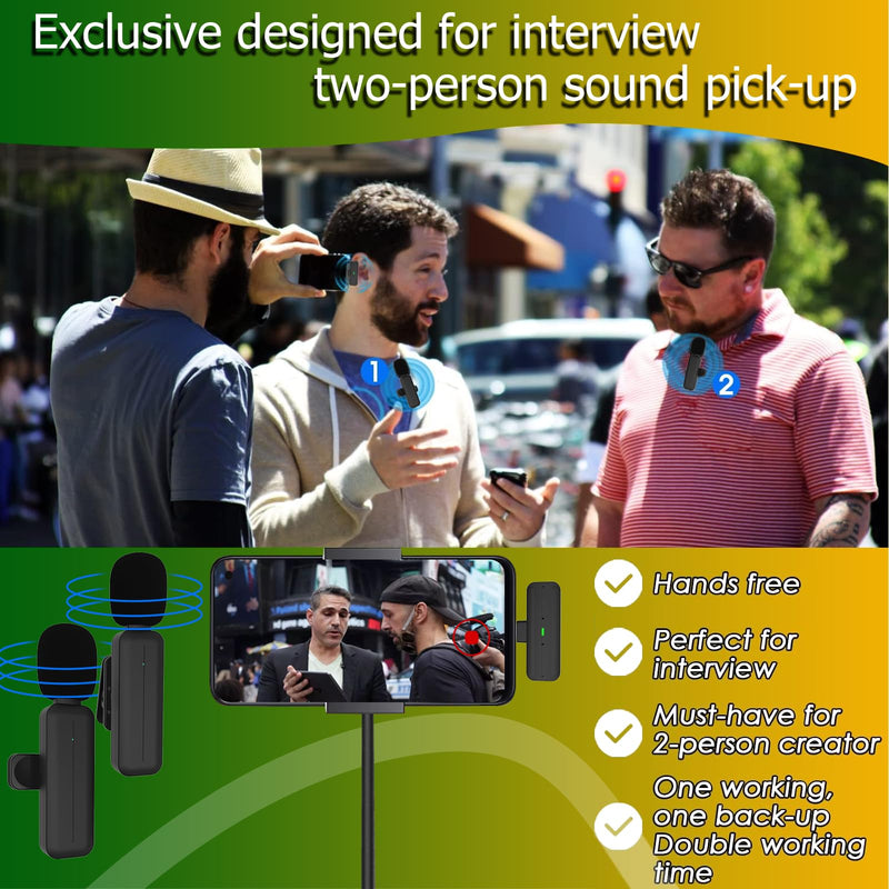 [AUSTRALIA] - 2 Pack Wireless Mini Lavalier Lapel Microphone for iPhone,Android Phone(2 in 1) - 80ft Cordless Clip on Dual Mics with Noise Reduction 5H Working Time for Video Recording Vlogging, YouTube, Interview Black 