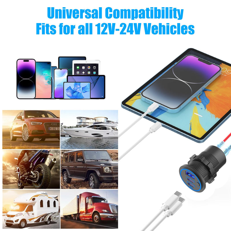 2 Pack USB C Car Charger Socket 12V USB Outlet, 78W Dual 30W PD and 18W QC3.0 Multi Port Cylinder Charger with Button Switch Waterproof for Car Boat RV Marine Golf Cart Truck Bus Motor etc. 2 pack