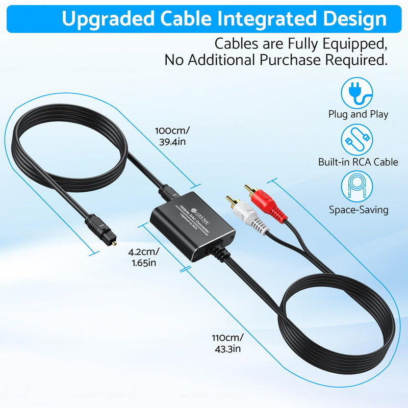 Optical to RCA Converter,eSynic 192 KHZ Digital to Analog Audio Converter Portable Optical to RCA Adapter 2.1m Optical Audio to RCA Cable Aluminium Alloy Shell DAC Converter for HDTV Blue-ray PS4 etc 192KHZ Style-A
