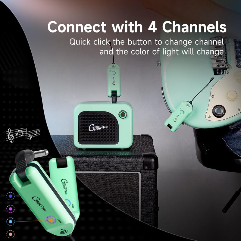 GTRS GWU4 UHF Wireless Guitar System Transmitter and Receiver 4 Signal Channels Rechargeable, Auto Match, Low Latency, 100 Feet Range, Stable Connection for Electric Guitars Bass and More (Green) GREEN