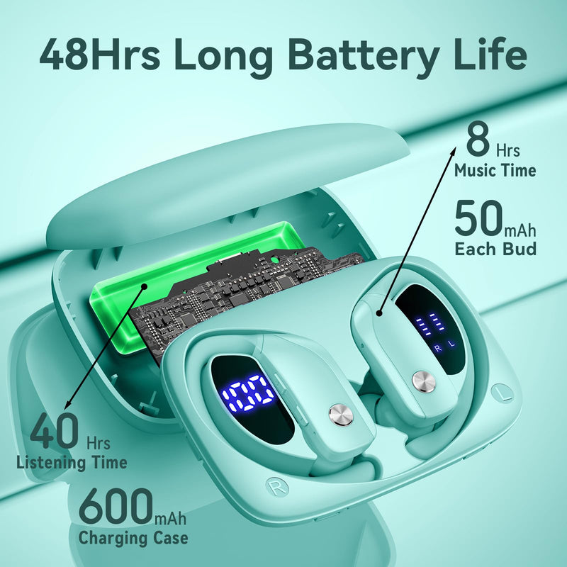2 Sets Wireless Earbuds Bluetooth Headphones 48hrs Play Back Sport Earphones with LED Display Over-Ear Buds with Earhooks Built-in Mic Headset for Workout Mint Green+Green