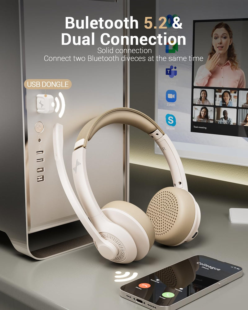 Wireless Headset with AI Noise Cancelling Microphone Bluetooth Headset - Bluetooth V5.2 Headphones with USB Dongle & Mic Mute for Computer/Laptop/PC/iPhone/Android/Cell Phones/Zoom/Ms Teams-WHITE White