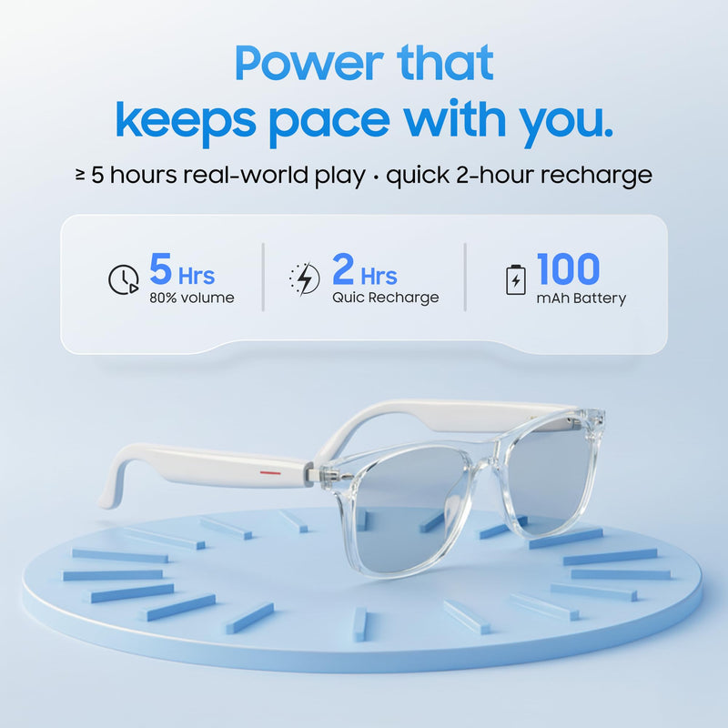 AI Smart Glasses, Translator, Open-Ear Bluetooth Audio, White TR90 Frame | Real-time AI interpreter & translator, open-ear speakers, auto on/off wear sensor, touch control, for men & women