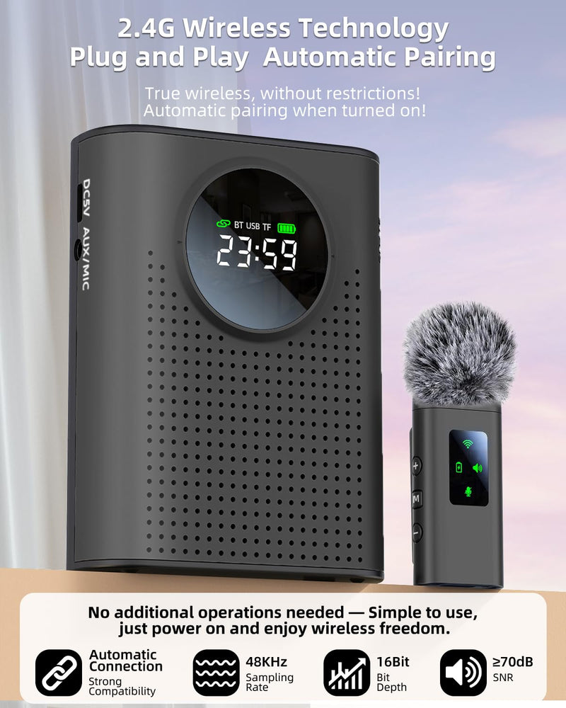 [AUSTRALIA] - Rechargeable Voice Amplifier Wireless Microphone for Teachers Classroom, Mini Lavalier Lapel Mic Clip Magnetic, Portable Bluetooth Speaker with LED Display for Class, Tour Guide, Coaches, Black Amplifier + 1 MIC 