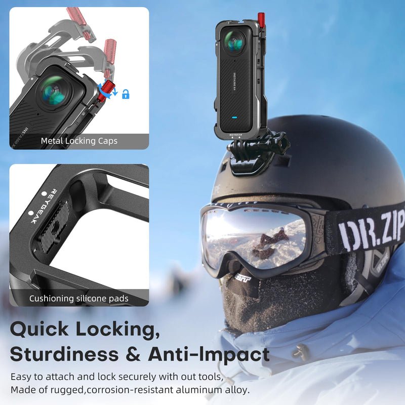 REYGEAK for insta-360 X4 Case, Aluminium Utility Frame for Insta360 X4,Protective Cage with Silicone Lens Cover,Cold Shoe Interface with 1/4" Threads Cold Shoe Mount Folding Fingers