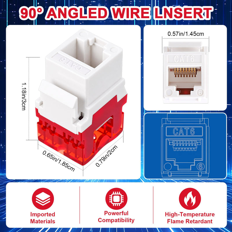 Tellegloww 50 Pack 180 Degree Rj45 Cat6 Keystone Jacks, White Red Module Network Wall Plate Inserts, Toolless 110 Punch Down Ethernet Connectors or Patch Panel