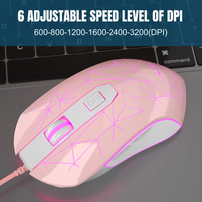 MageGee G6 Wired Gaming Mouse, Ergonomic USB Optical Mouse with 7 Colors Breathing LED Backlit, 6 Adjustable DPI Levels from 600 to 3200 for Laptop PC Computer Games & Work, Pink