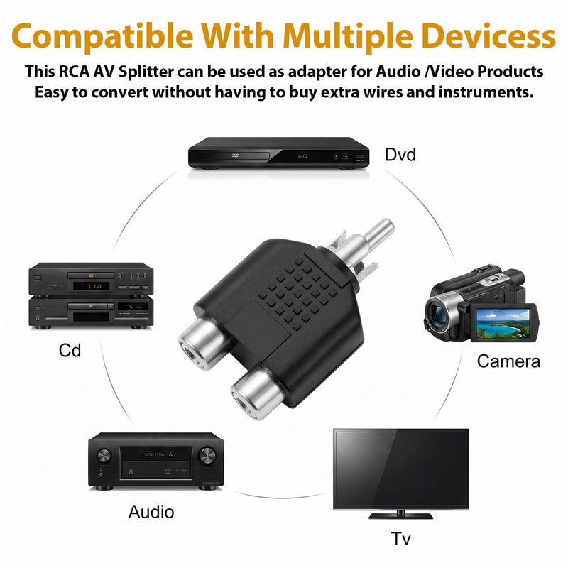 cobee 8 Pcs RCA Splitter, 1 Male to 2 Female RCA Y Splitter Adapter for Audio Video AV TV Cable Conversion(Black+Silver) Black+Silver