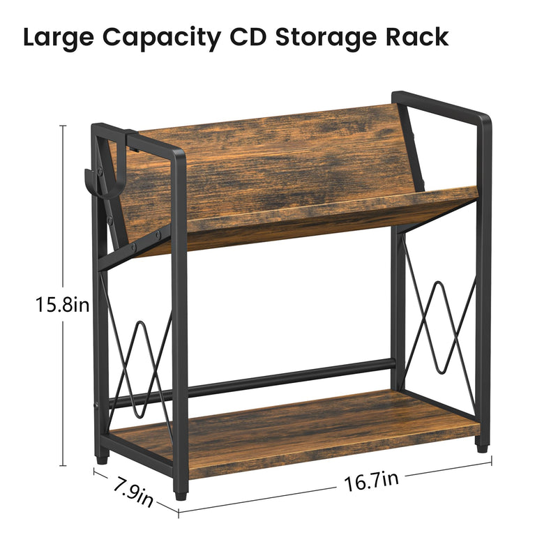 CD Storage Rack, 2-Tier CD Holder Rack, DVD Shelf Holds Store up to 80 CDs | cd display Retro Desk DVD Organizer Tower for Music Enthusiasts, Brown