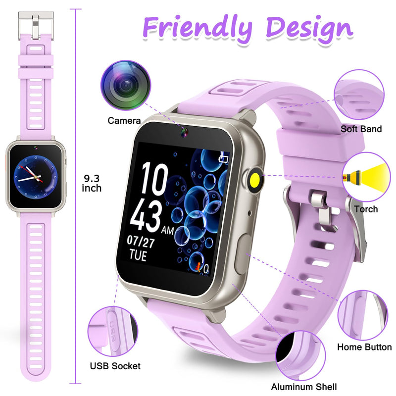 Wiszodet Smart Watch for Kids Toys for Girls Ages 4-12 Years Old, Kids Smart Watch Girls Toys with 24 Puzzle Games HD Touch Screen Camera Alarm Clock Birthday Gift for 6 7 8 9 Year Old Girl Silver Purple