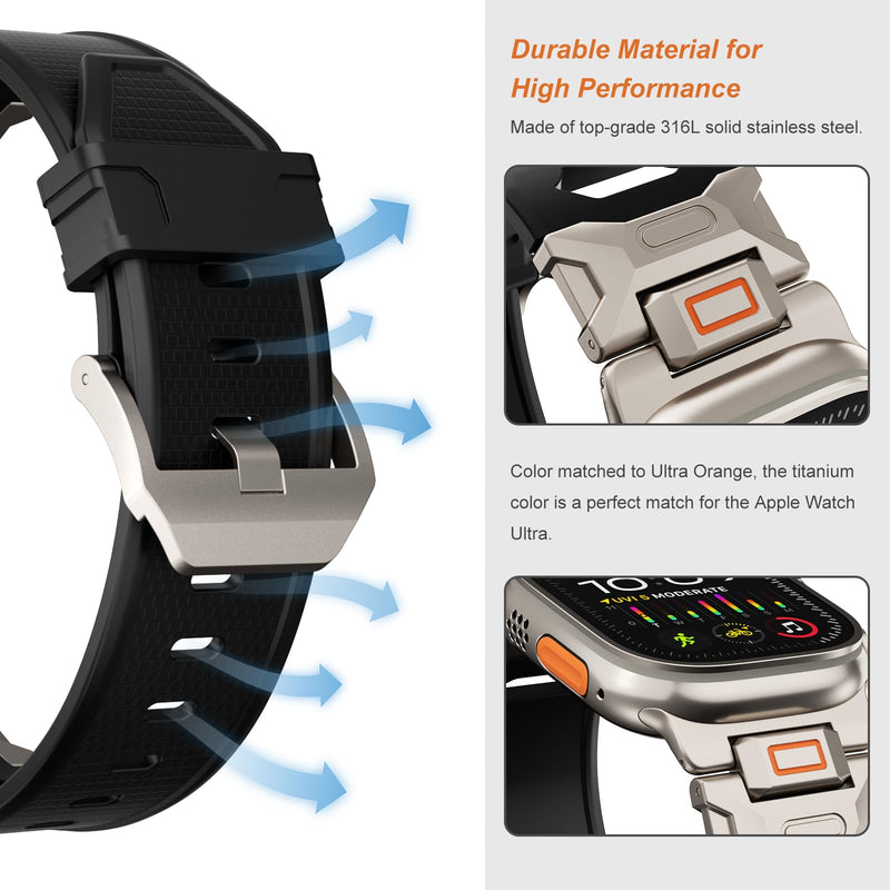 Band for Apple Watch ULTRA 2 & ULTRA - Fluororubber (FKM) Sport Band Metal Connector Band 49mm for Apple Watch Ultra 2/Ultra/Series 10/9/8/7/6/5/4 SE 46mm 45mm 44mm 42mm Rugged Durable Strap Black-Titanium