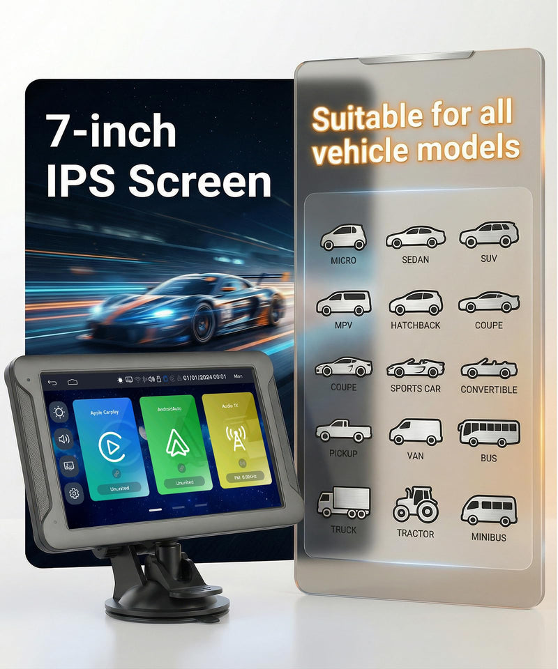 7-Inch HD IPS Portable Carplay Screen for Car, Wireless CarPlay & Android Auto, Bluetooth Music & Call, Wireless Screen Mirroring, CVBS Rearview Camera Compatible with Adjustable Brightness