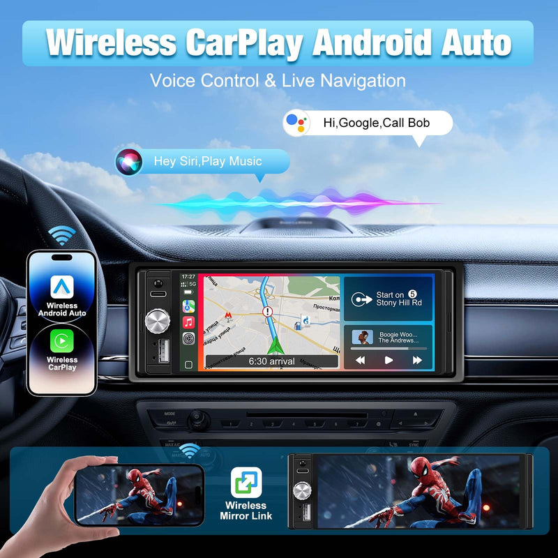 Single Din Radio Car Stereo with CarPlay & Android Auto, 6.28 Inch HD Touch CarPlay Screen, Backup Cam,Bluetooth, MP5,USB Type-C, SWC, EQ, FM Radio with External Mic black