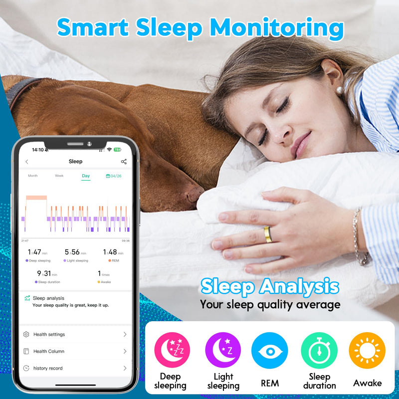 Smart Health Ring,Fitness Rings Tracker with Blood Pressure Monitor Heart Rate Blood Oxygen Sleep Monitor IP68 Waterproof Step Counter Calorie Tracker Health Rings for Women Men Android iOS Phones Gold 9