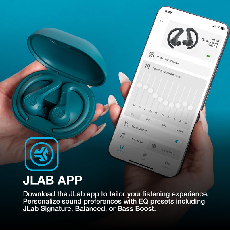 JLab, JBuds Sport ANC 4, True Wireless Earbuds, Active Noise Cancelling, Bluetooth, Multipoint Connect, Teal