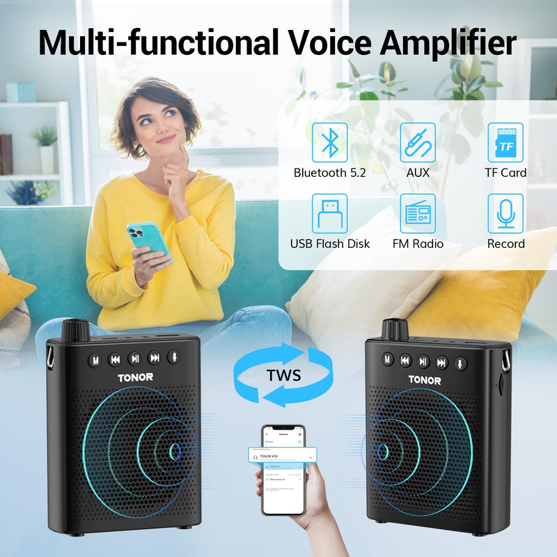 TONOR Portable Voice Amplifier for Teachers, Rechargeable Mini Pa System with 100 cm/3ft Wired Headset Microphone and Waistband, Megaphone Speaker for Classroom, Training, Yoga, Tour Guides K10
