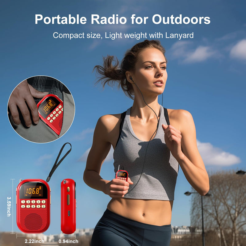 [AUSTRALIA] - Pocket AM FM Radio:1100mAh Rechargeable Radio Supports Bluettoth, Mini FM AM Receiver with Large Speaker, Stereo Earphone, Sleep Timer, Easy to use for Jogging, Walking Red 