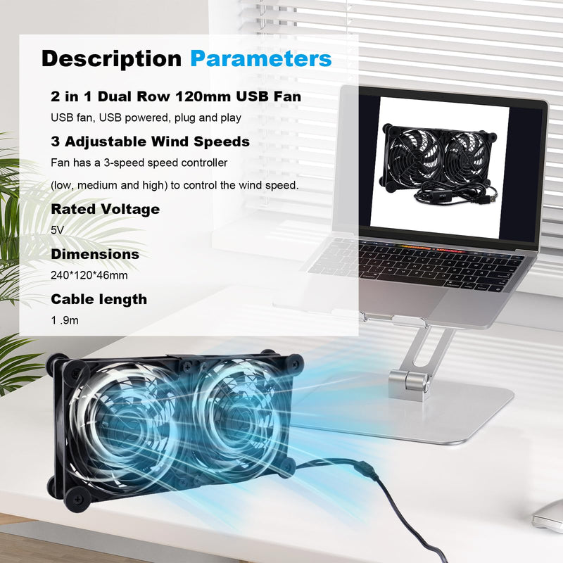 Quiet Dual 120mm Router Fan Cooler with L/M/H 3-Degree Speed Controller, DC 5V USB Powered Cooling Case Fan for Router Modem Receiver DVR PlayStation TV Box