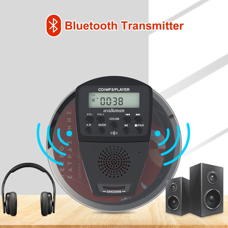 Rechargeable CD Player Portable with Bluetooth,Compact Anti-Skip Shockproof Walkman CD Player with Earphone, Stereo Speakers&LCD Display for Car/Home/Travel (AUX Output)