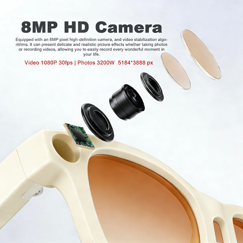 Woostar AI Smart Glasses Camera, 1080P Video Recording Glasses, Real Time Translation, Recording and Photo Taking, AI Voice Assistant, Open-Ear Audio