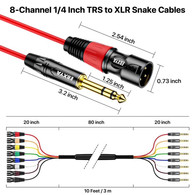 EBXYA 8 Channel 1/4 Inch TRS to XLR Snake Cables, 6.35mm Male Jack Stereo Audio Balanced Line to XLR Cables, 10 Feet 1 Pack 8-Channel 10 Feet TRS to XLR Male Black