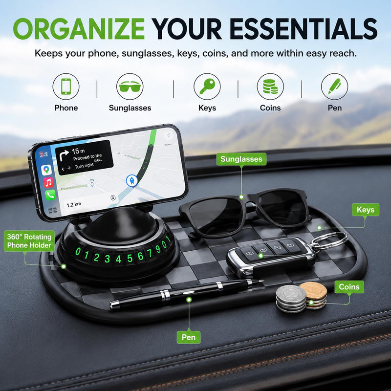 Car Buddy Dashboard,3 in 1 Dashboard Grip Pads for Phones,Anti Slip Mat for Car Dashboard,Multi Functional Support Anti Slip Pad for Phones Sunglasses Keys Gadgets(Gray + Black)