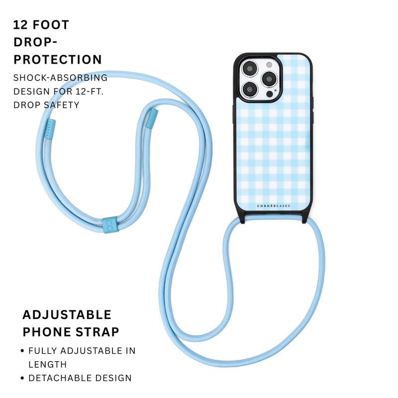 Cairo Crossbody Phone Case with Phone Strap for iPhone 16 Pro, Blue Gingham Pattern, Magnetic Compatible, Adjustable Design