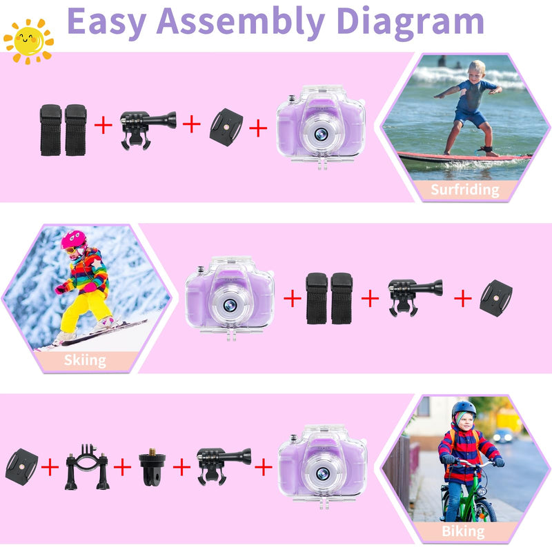 Kids Camera Waterproof Underwater Camera for 3-12 Year Old Boys Girls 2 Inch IPS Screen 1080P HD Digital Kids Video Camera Indoor Outdoor Action Cameras Best Christmas Birthday Gifts Purple