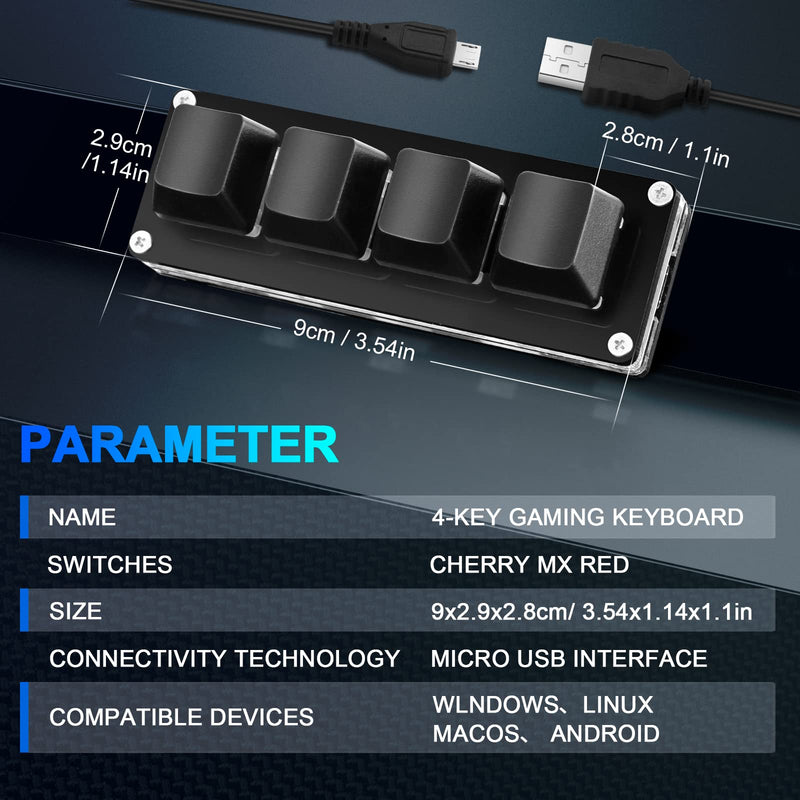 Ecarke Black Mini 4-Key Keypad Mechanical Gaming Keyboard, Set by Yourself Programming with 1.5m USB Data Cable（Upgrade Cherry Shaft & RGB LED）