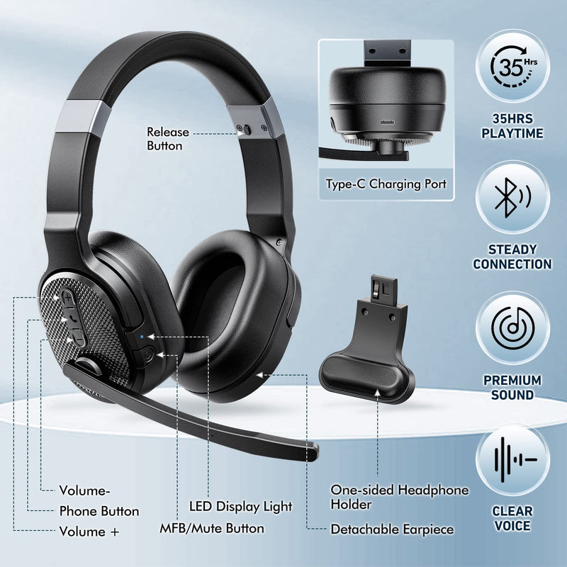 COSMUSIS Trucker Bluetooth Headset, Wireless Headset with Mic for Work | Trucker Headset with Noise Cancelling Headphones, Long Battery Life Bluetooth Headphones with Detachable Earpad for Driving Black