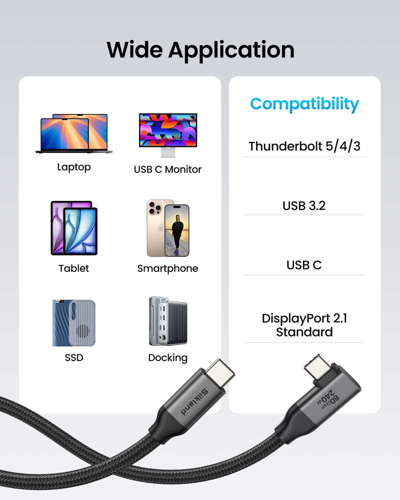 Silkland 80Gbps Right Angle USB 4 Cable for Thunderbolt 5 Cable 240W 10FT | 120Gbps Bandwidth, 8K@120Hz/4K@540Hz, 90 Degree USB C Video Cable Compatible Thunderbolt 5/4, MacBook, iPhone 17/16, Dock 1