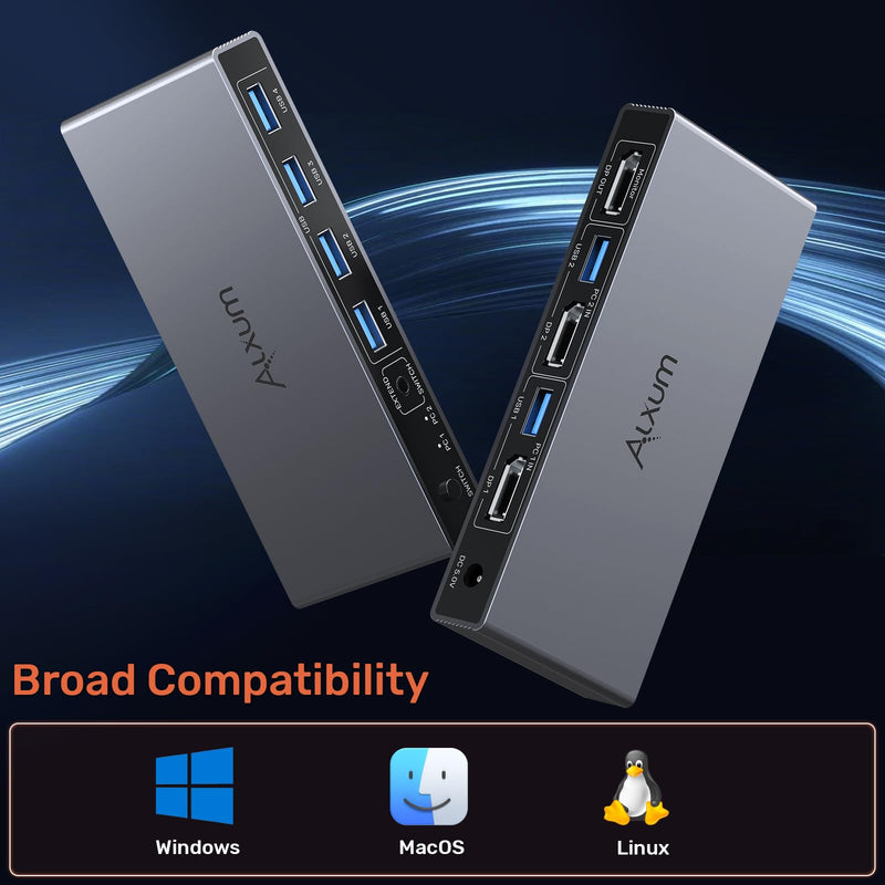 Alxum DP 1.4 KVM Switch Displayport 2 Computer 1 Monitor for Desktop Laptop | 8K 60Hz DP KVM Switcher 2 in 1 out 4USB Ports for Keyboard Mouse Printer,Dual Display Port Single Monitor with Power Delivery