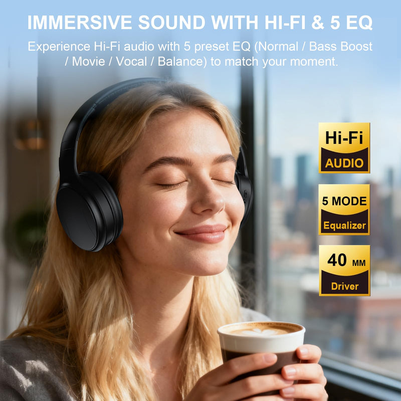 Wireless Headphones for TV, Bluetooth & 2.4G Dual-Mode Headphones with Transmitter Box, 5 Equalizer Presets with Clear Dialogue, Built-in mic for Calls, TV Ear Headsets, Black