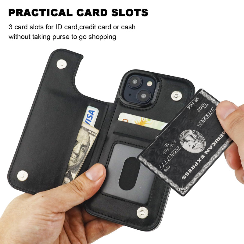 Compatible with iPhone 15 Wallet Case with Card Holder, PU Leather Kickstand Card Slots Case, Double Magnetic Clasp and Durable Shockproof Cover 6.1 Inch (Black) Black